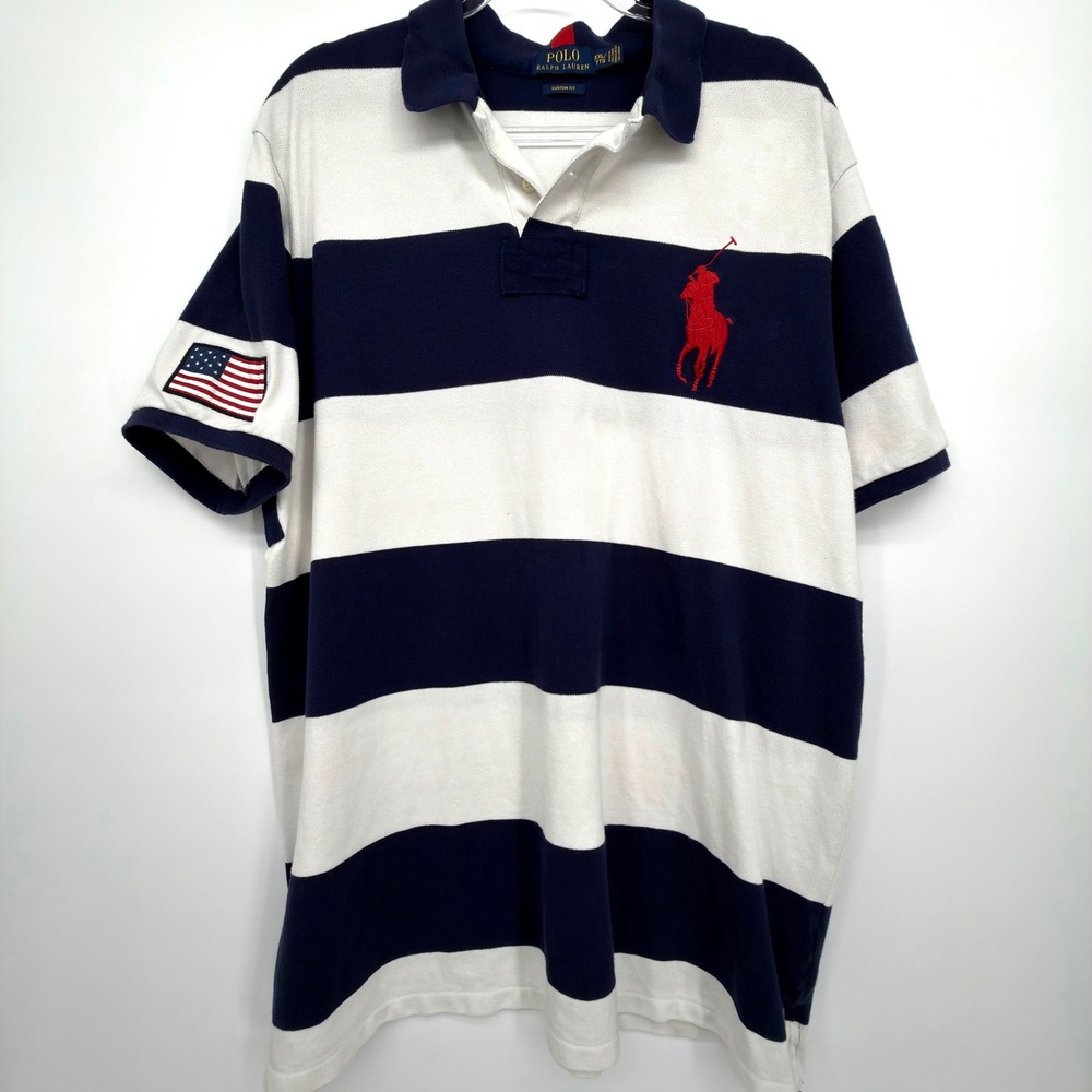 Polo Ralph Lauren Big Pony USA Flag Rugby Polo Shirt Custom Fit XXL Navy White - Picture 2 of 11